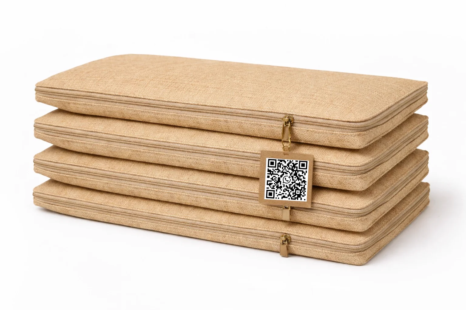 A coordinated stack of natural-fibre bags prepared in quantity