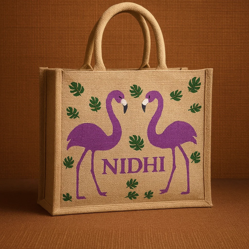Customized jute bag with colourful printed artwork