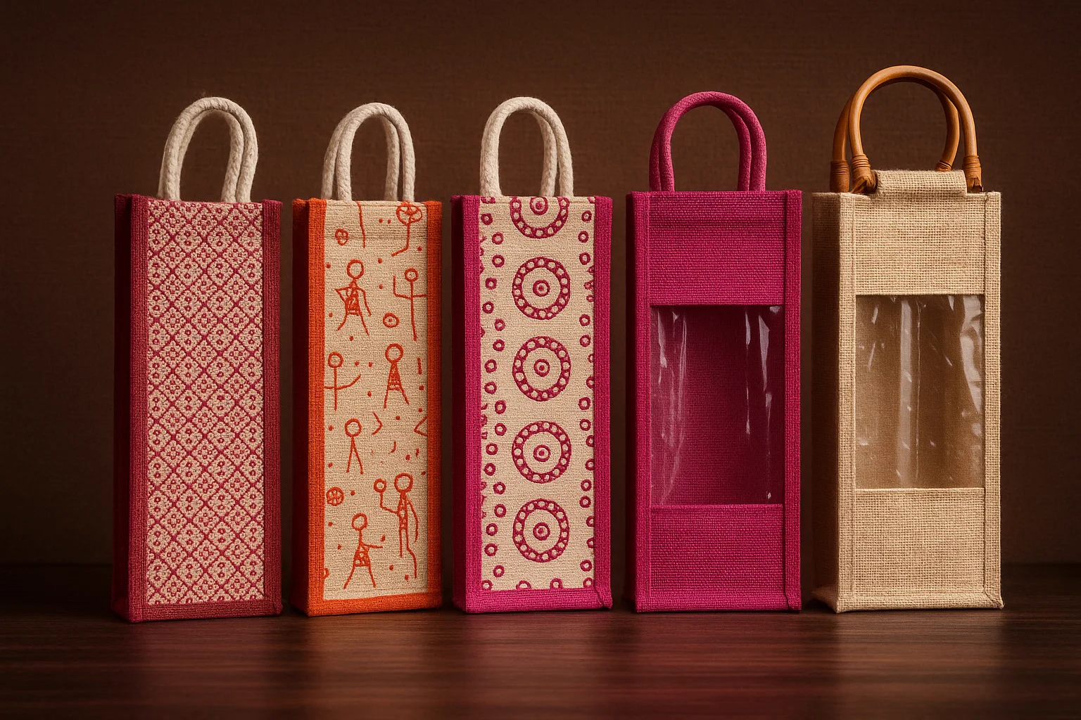 Collection of natural-fibre bottle, gift, and utility bags
