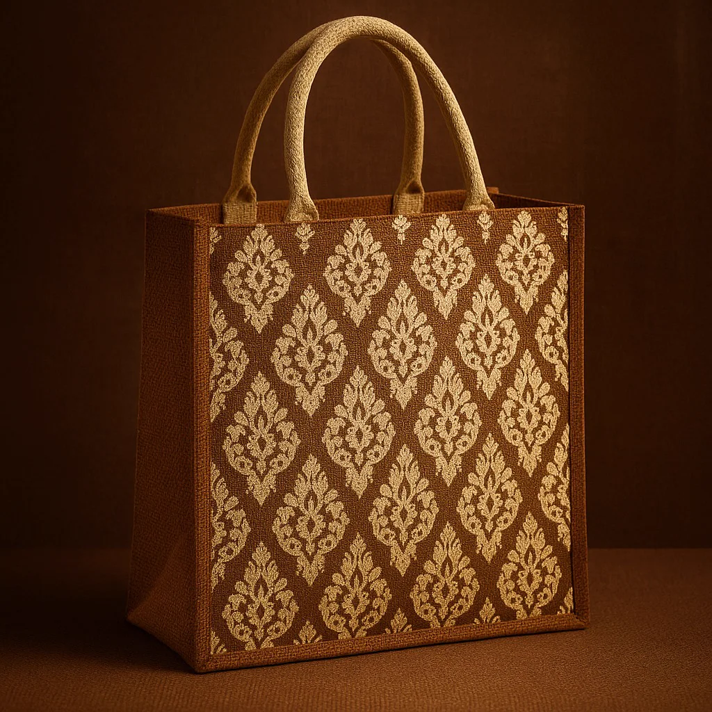 Patterned jute shopping bag with rounded handles